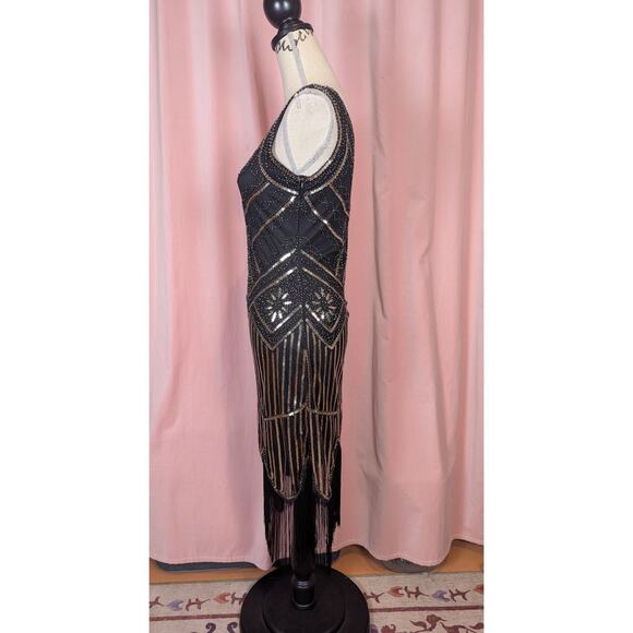 Retro Sequin Flapper Dress with Fringe Black and Gold Small - Picture 13 of 14